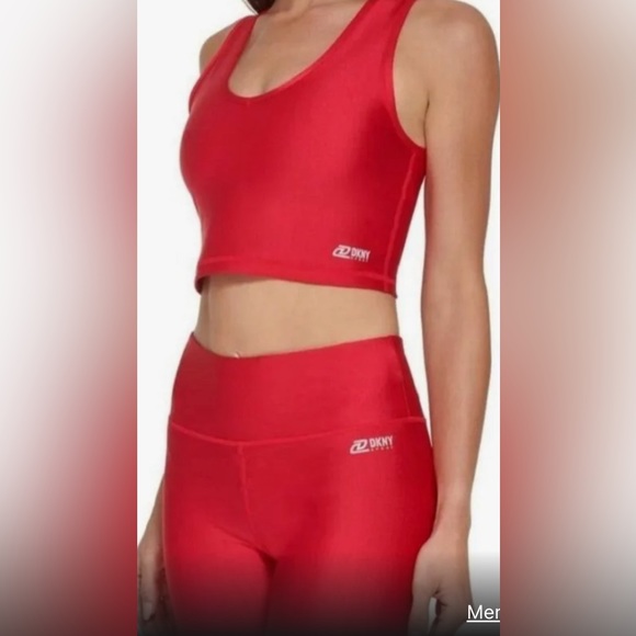 DKNY Sports Bra Womens S,M Red Shiny V-Neck Moisture Wick Stretch $49 NEW - Picture 1 of 5